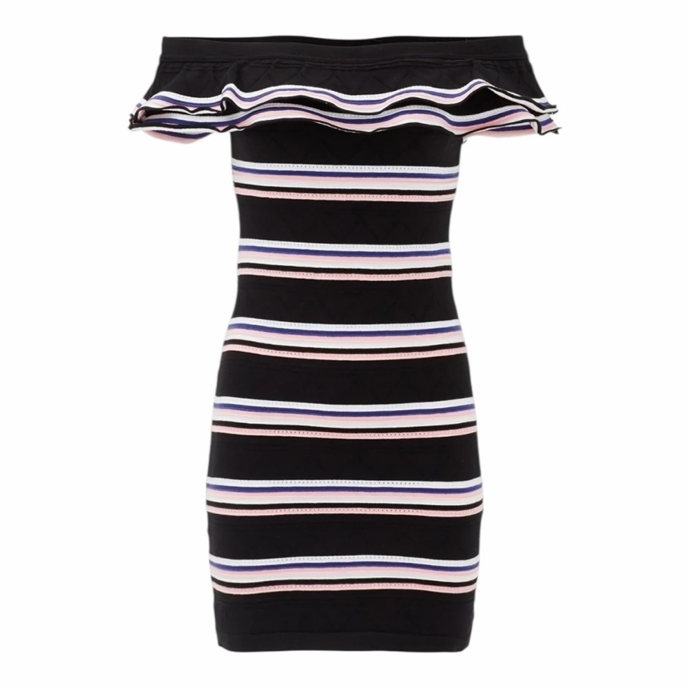 MSGM Milano Friday Frill Off the Shoulder Striped Bodycon Mini Dress. Size Large